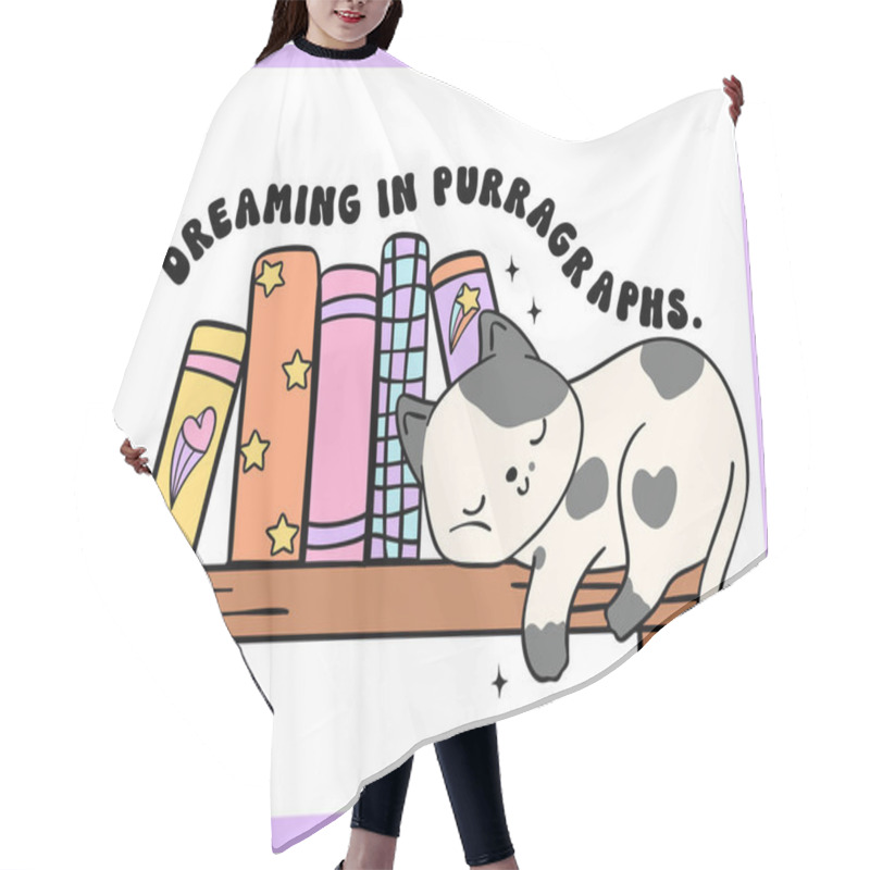 Personality  Cozy Book Vibe Retro Groovy Cat Sleeping On Bookshelf, Vibrant And Bold Cartoon Doodle Drawing. Hair Cutting Cape