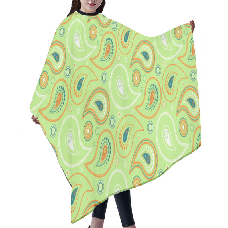 Personality  Vibrant Paisley Pattern In Teal, Orange  White On A Light Green Background.  Perfect For Textiles, Wallpaper, Or Website Design. Hair Cutting Cape