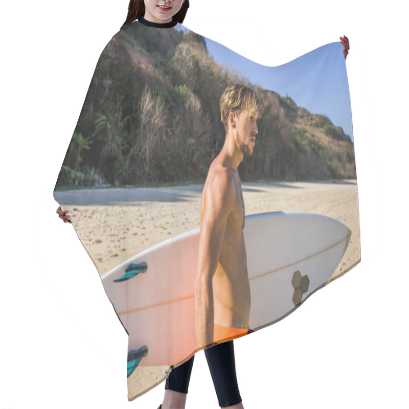 Personality  Side View Of Man With Surfing Board Looking Away On Sandy Beach Hair Cutting Cape