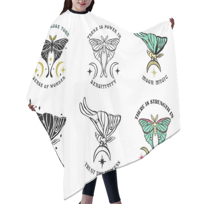 Personality  Luna Moth Hand Drawn Illustrations Set With Inspirational Quotes. Celestial Butterfly Designs With Motivational Sayings. Hair Cutting Cape