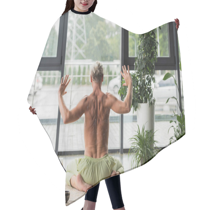 Personality  Back View Of Shirtless Man Gesturing While Sitting In Thunderbolt Yoga Pose Near Tibetan Singing Bowls  Hair Cutting Cape