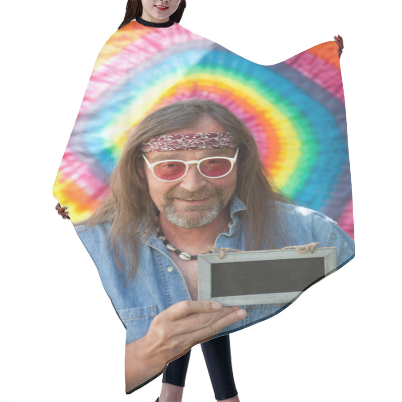 Personality  Hippie Man Pointing Towards A Blank Blackboard Hair Cutting Cape