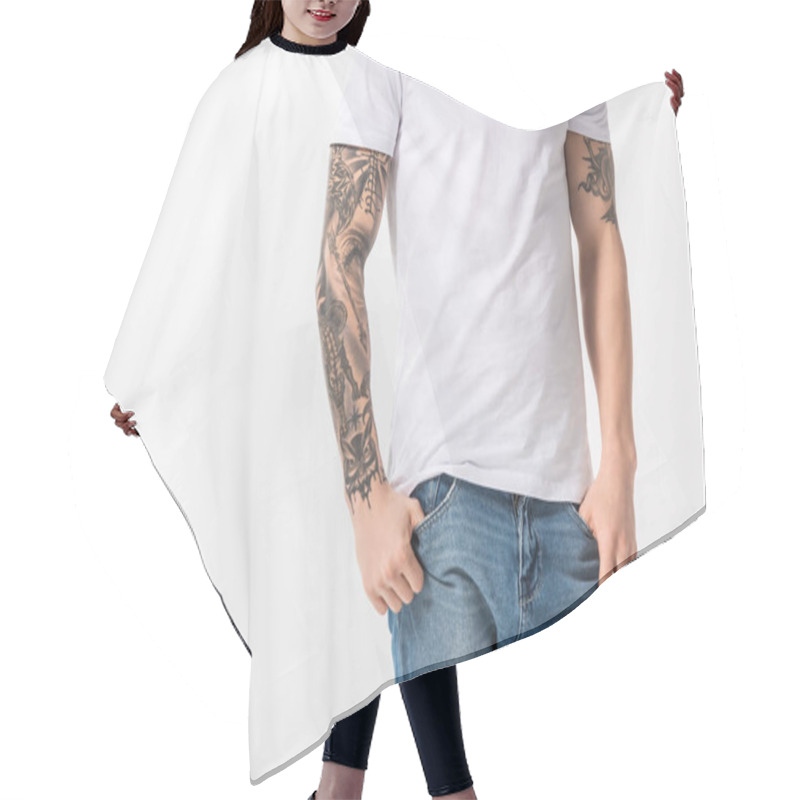 Personality  Cropped View Of Young Tattooed Man In Jeans Posing Isolated On White Hair Cutting Cape