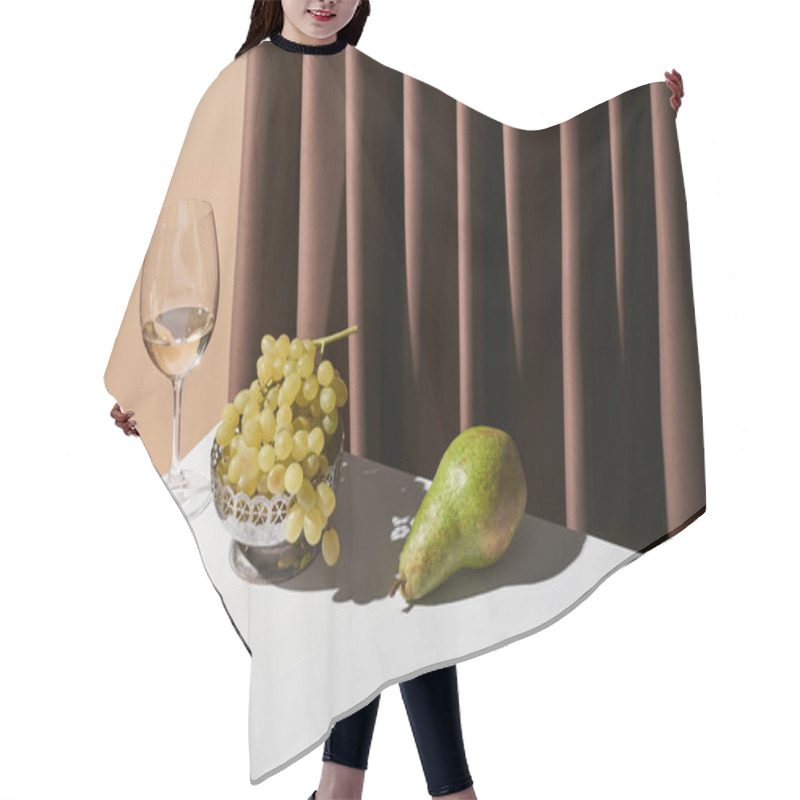 Personality  Classic Still Life With White Wine And Fruits On Table Near Curtain Isolated On Beige Hair Cutting Cape