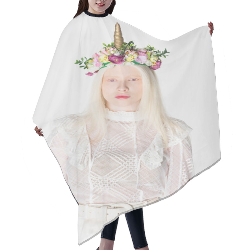 Personality  Stylish Albino Woman In Guipure Blouse And Wreath With Flowers And Horn Isolated On White Hair Cutting Cape