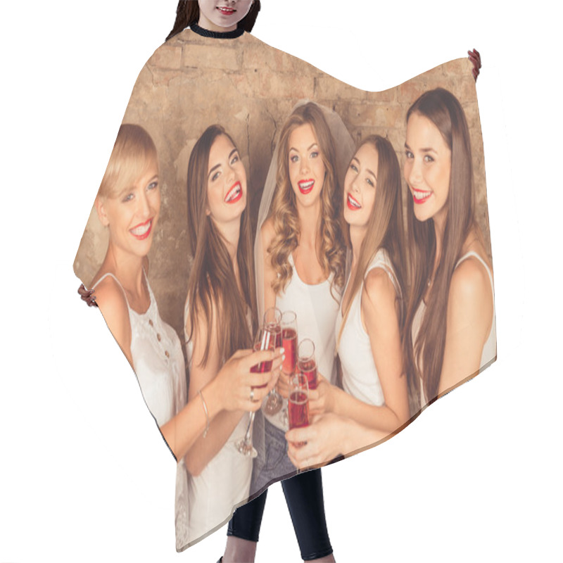 Personality  Cute Young Women Wearing Dress Code Celebrating Hen-party With S Hair Cutting Cape