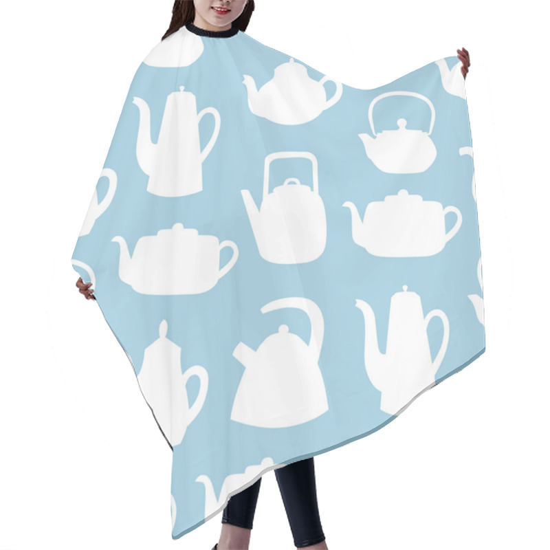 Personality  Teapots And Kettles Seamless Pattern. White Objects On Blue Background. Kitchen Utensil Background. Doodle Style. Hair Cutting Cape