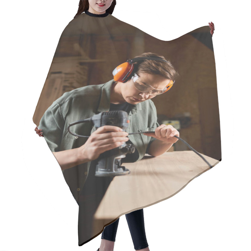 Personality  A Skilled Carpenter Works Diligently On Wood With Power Tools, Enveloped In Workshop Creativity And Concentration. Hair Cutting Cape