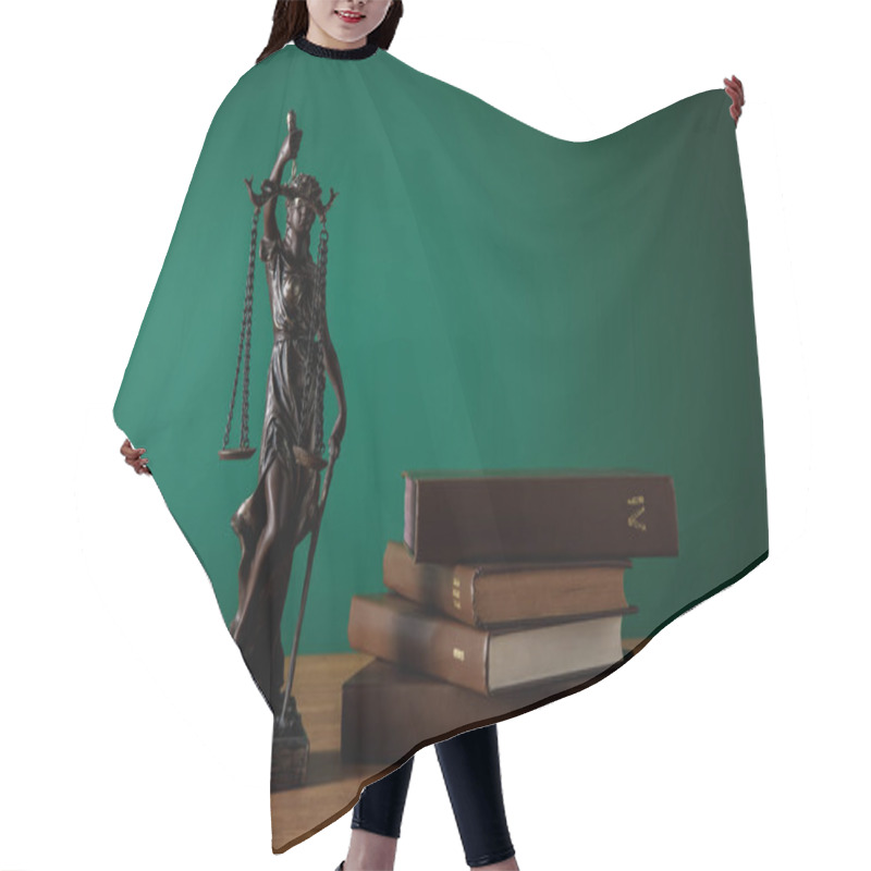 Personality  Bronze Statuette With Scales Of Justice And Volumes Of Books On Wooden Table On Dark Green Background Hair Cutting Cape