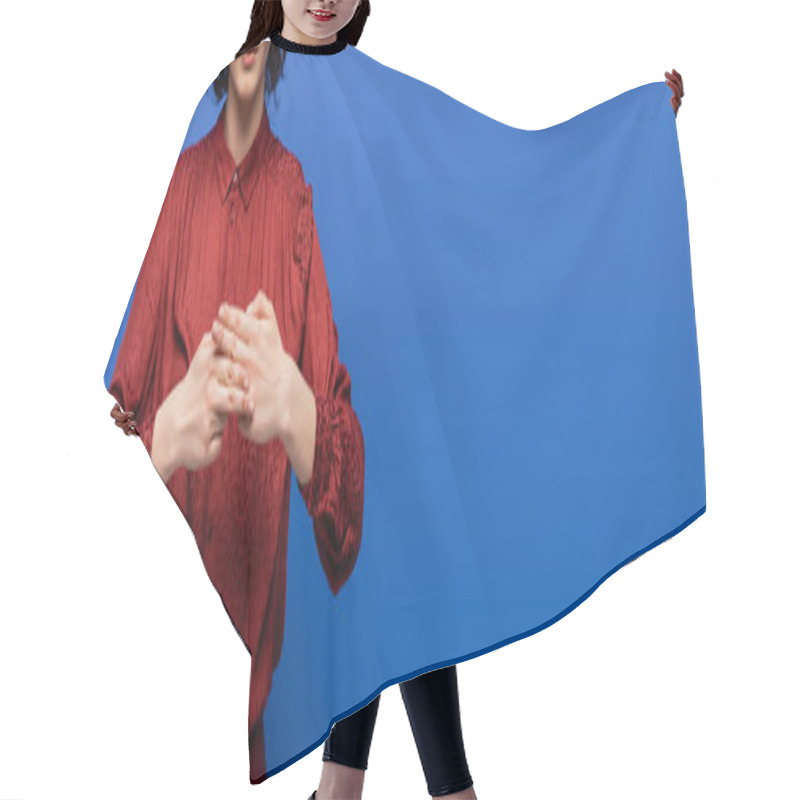 Personality  Cropped View Of Teacher Showing Gesture Meaning Name On Sign Language Isolated On Blue, Banner Hair Cutting Cape