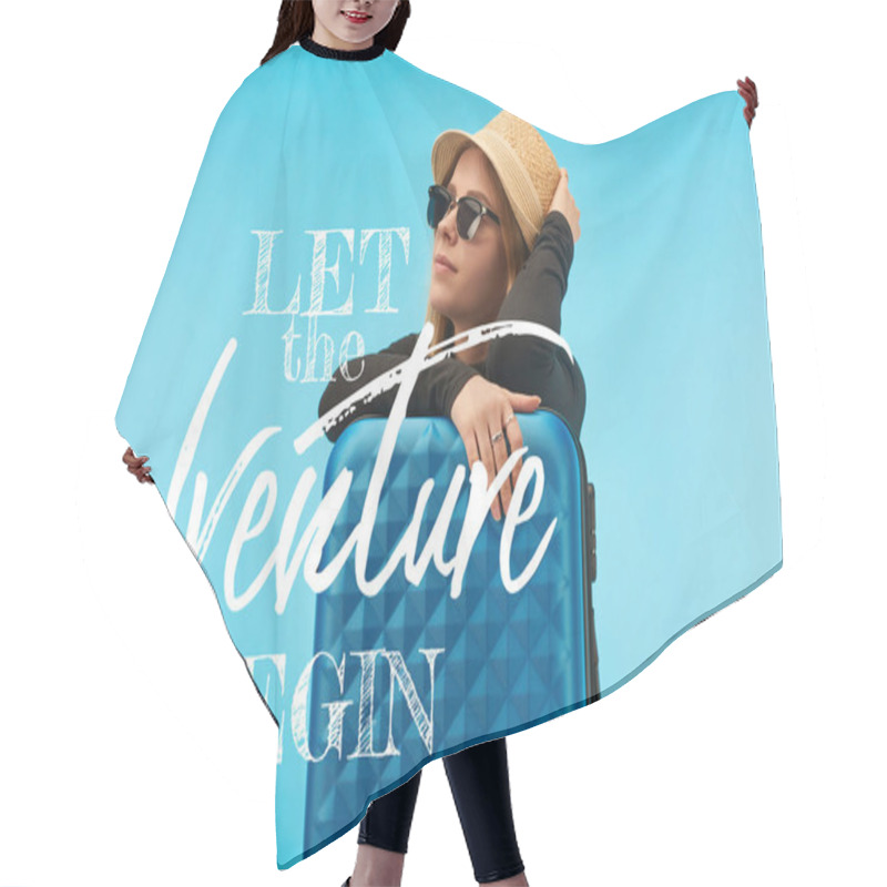 Personality  Blonde Girl In Sunglasses And Straw Hat Near Blue Suitcase Isolated On Blue With Let The Adventure Begin Illustration Hair Cutting Cape