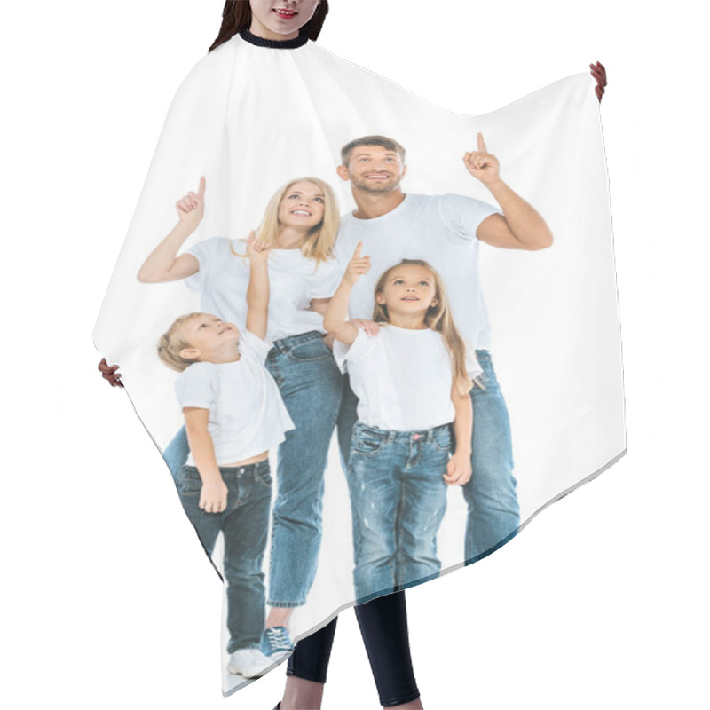 Personality  Happy Family Looking Up And Pointing With Fingers On White Hair Cutting Cape