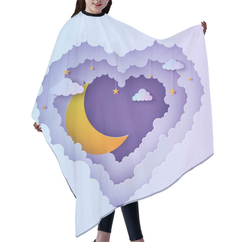 Personality  Valentine Cut Out 3d Background With Violet Blue Gradient Cloudy Landscape And Moon Papercut Art. Night Sky Clouds Heart Frame With Gold Crescent Stars On Rope In Paper Cut Style. Vector Love Card Hair Cutting Cape