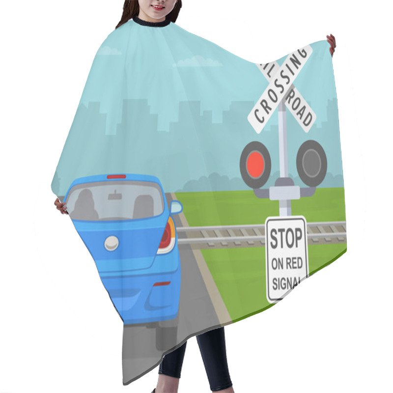 Personality  Close-up Of A Stop On Red Signal At Railroad Crossing Sign And Stop Light. Back View Of A Stopped Car. Flat Vector Illustration Template. Hair Cutting Cape