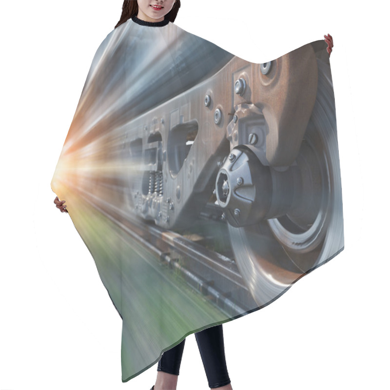 Personality  Industrial Rail Train Wheels Closeup Technology Perspective Conceptual Background Hair Cutting Cape