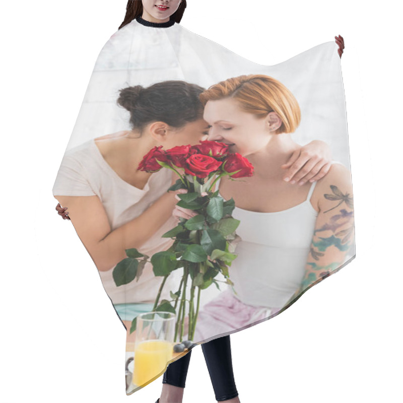 Personality  African American Woman Embracing Lesbian Girlfriend Holding Red Roses In Bedroom Hair Cutting Cape