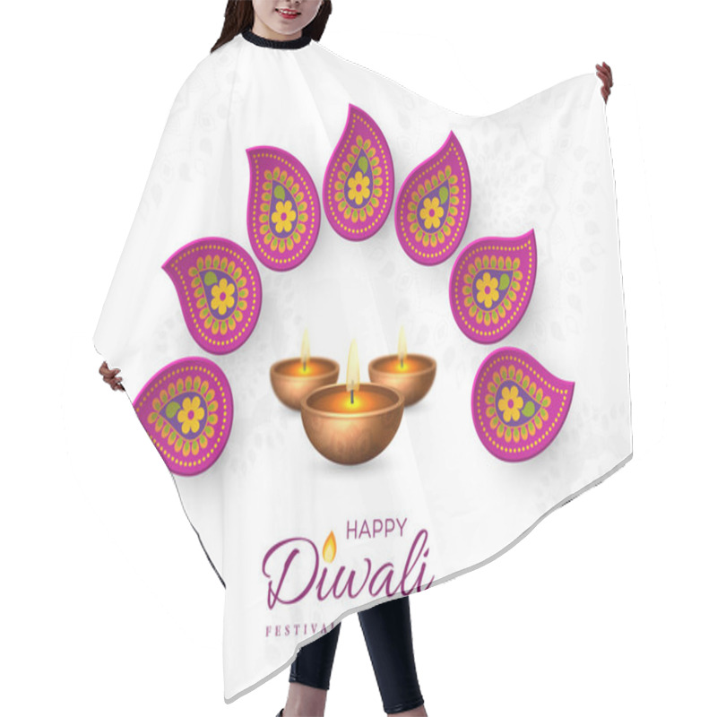 Personality  Diwali Festival Holiday Design With Paper Cut Style Of Indian Rangoli And Diya - Oil Lamp. Purple Color On White Background, Vector Illustration. Hair Cutting Cape