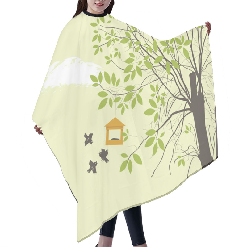 Personality  Spring Landscape With Tree, Birds And Bird Feeder Hair Cutting Cape