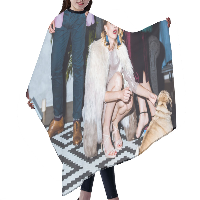 Personality  Young Woman With Pug Puppy Hair Cutting Cape