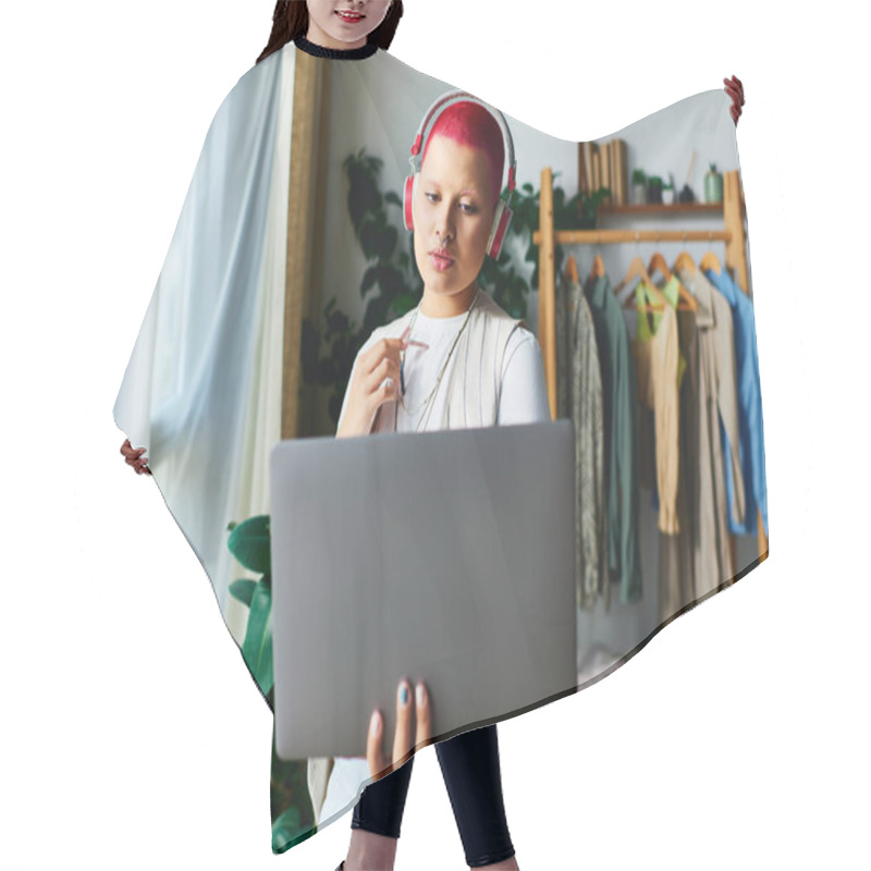 Personality  A Young Woman With Vibrant Hair Attentively Participates In An Online Meeting From Her Cozy Home. Hair Cutting Cape