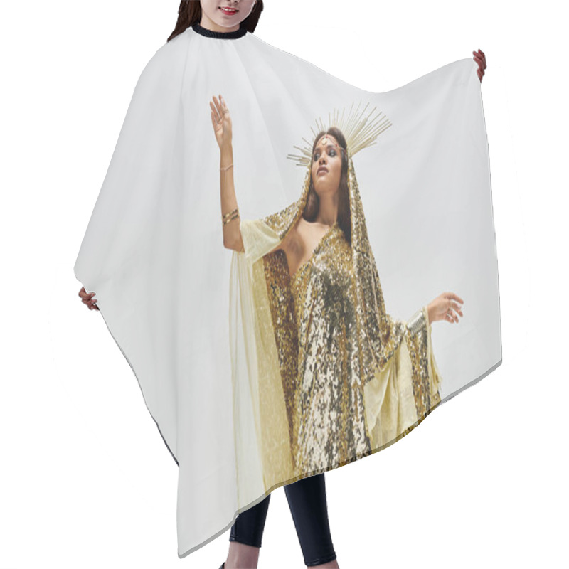 Personality  The Stunning Goddess In Shimmering Gold Raises Her Arm Elegantly Against A Clean Backdrop, Exuding Confidence. Hair Cutting Cape