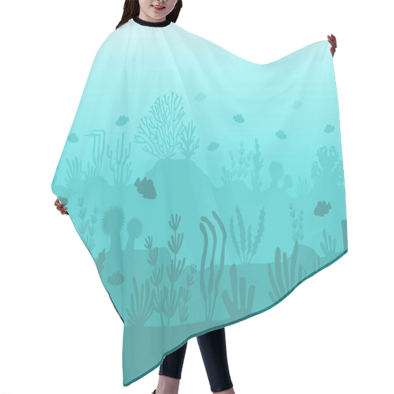 Personality  Seamless Ocean Bottom. Underwater Coral Reef Silhouette With Sea Plants, Fish And Seaweed. Flat Seascape With Undersea Life Vector Pattern Hair Cutting Cape