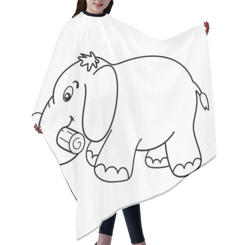 Personality  Cute Elephant With A Log. This Black-and-white Vector Image Shows An Adorable Cartoon Elephant In A Playful, Friendly Style. Its Holding A Small Log In Its Trunk. Hair Cutting Cape