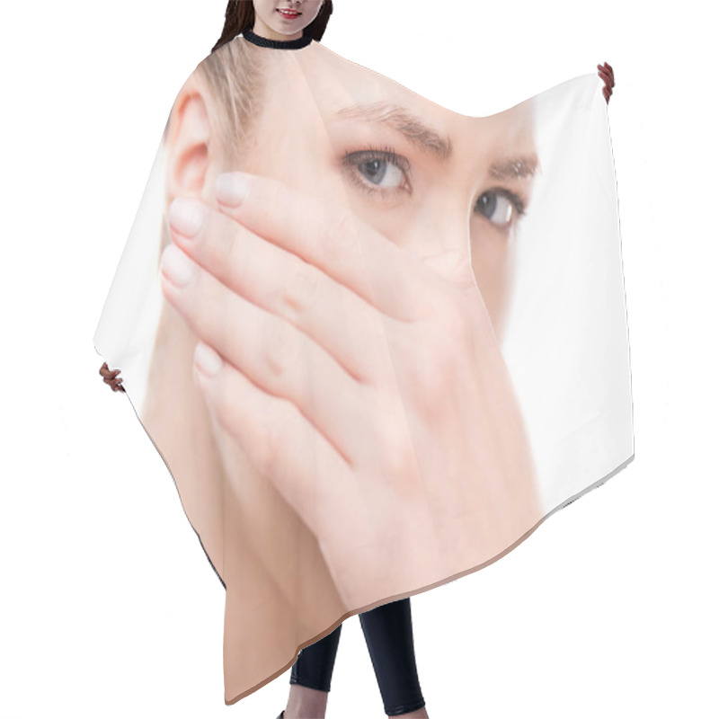 Personality  Sad Woman Covering Her Face Hair Cutting Cape