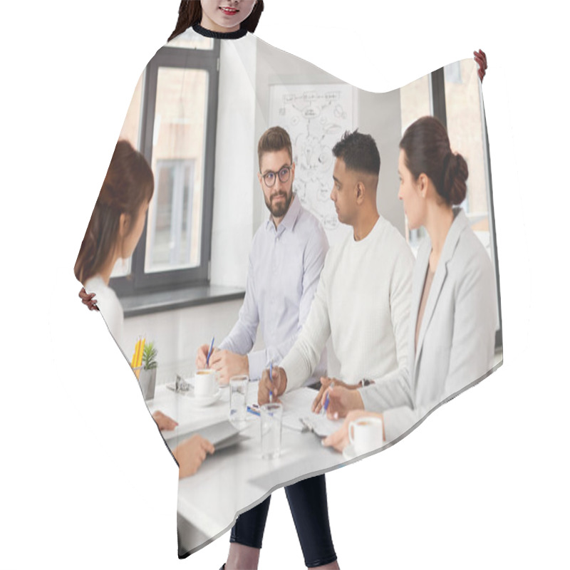 Personality  Recruiters Having Job Interview With Employee Hair Cutting Cape