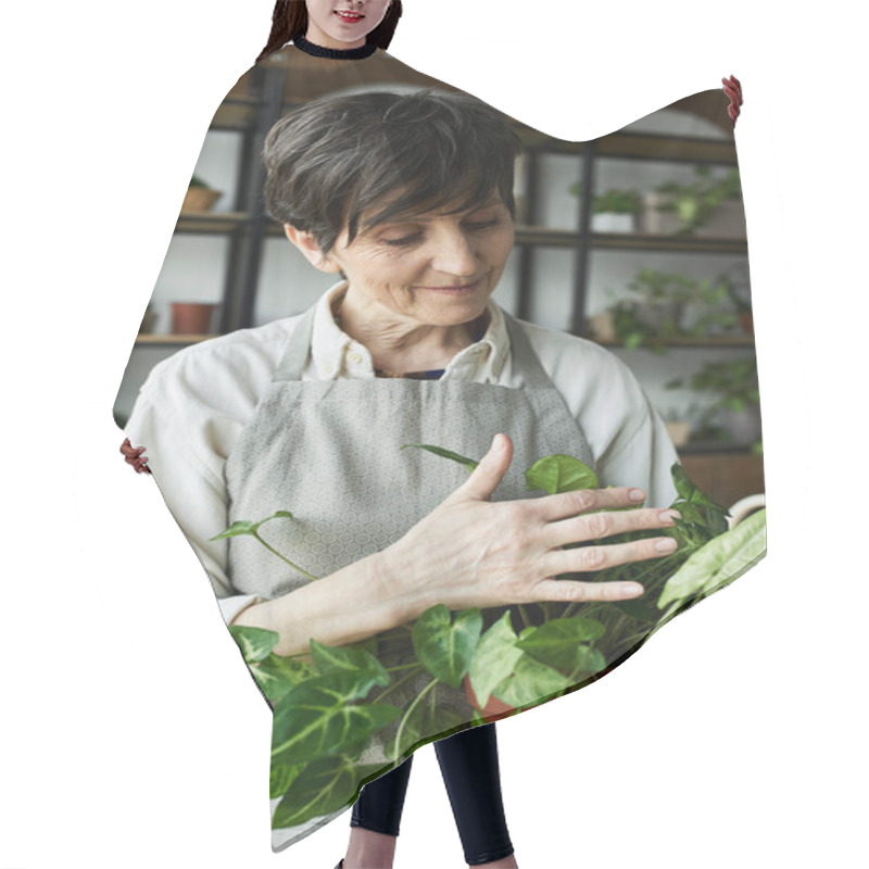 Personality  A Gardener Lovingly Tends To Her Thriving Indoor Plants With Care. Hair Cutting Cape