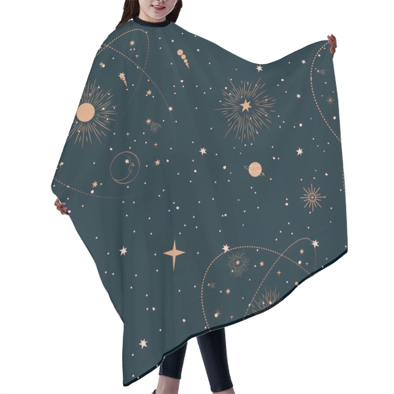 Personality  Seamless Pattern With Mystical And Astrology Elements, Space Objects, Planet, Constellation, Moon, Stars, Sun. Editable Vector Illustration. Hair Cutting Cape