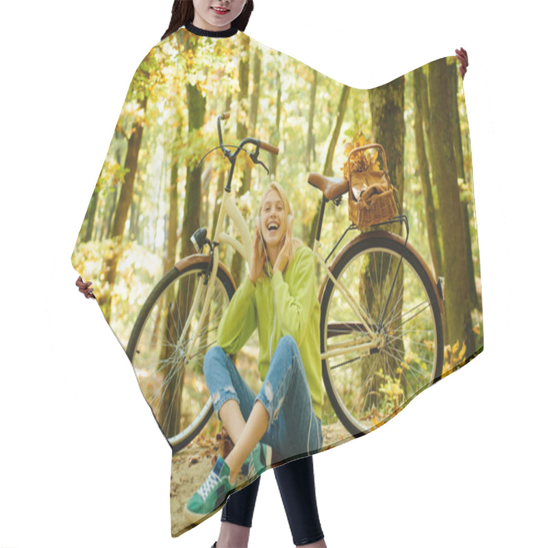 Personality  Girl Ride Bicycle For Fun. Blonde Enjoy Relax Forest. Autumn Bouquet. Warm Autumn. Girl With Bicycle And Flowers. Woman With Bicycle Autumn Forest. Weekend Activity. Active Leisure And Lifestyle Hair Cutting Cape