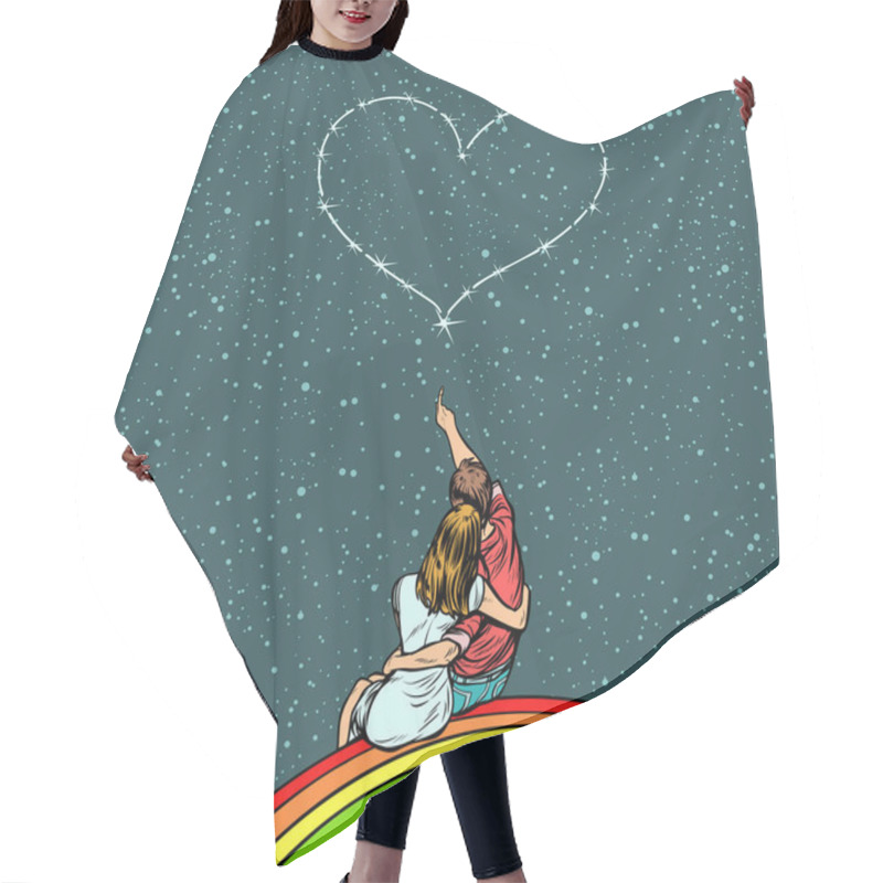 Personality  Couple In Love Looks At The Heart And Sits On A Rainbow Hair Cutting Cape