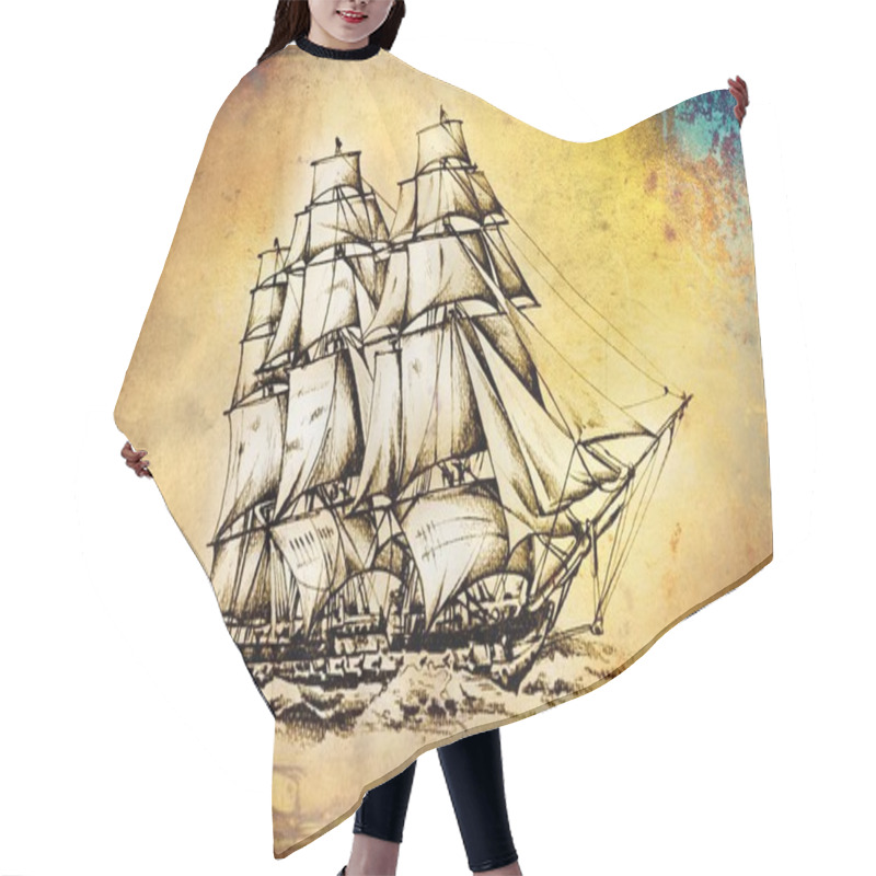 Personality  Antique Boat Sea Motive Drawing Handmade Hair Cutting Cape