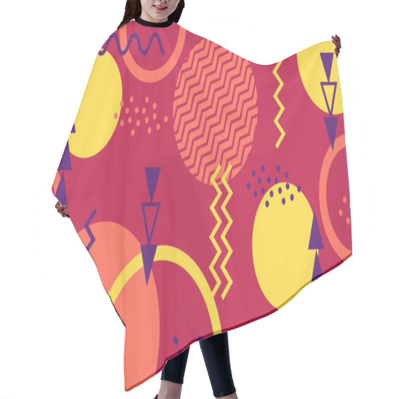 Personality  Vibrant Geometric Shapes And Patterns Creating A Dynamic Memphis Design Background, Featuring Circles, Triangles, Zigzags, And Dotted Textures In A Retro Inspired Color Palette Hair Cutting Cape