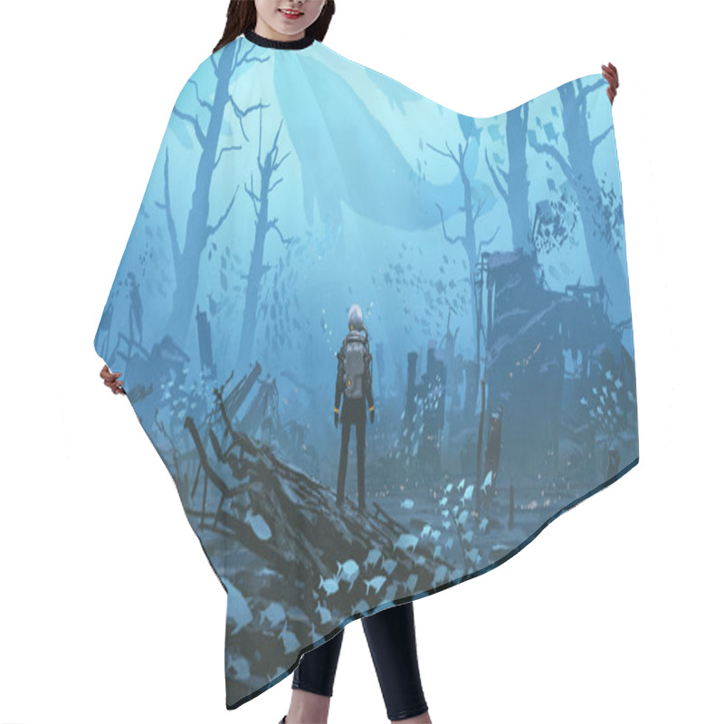 Personality  Under Water Scene Of The Futuristic Diver Standing In A Submerged Town, Digital Art Style, Illustration Painting Hair Cutting Cape