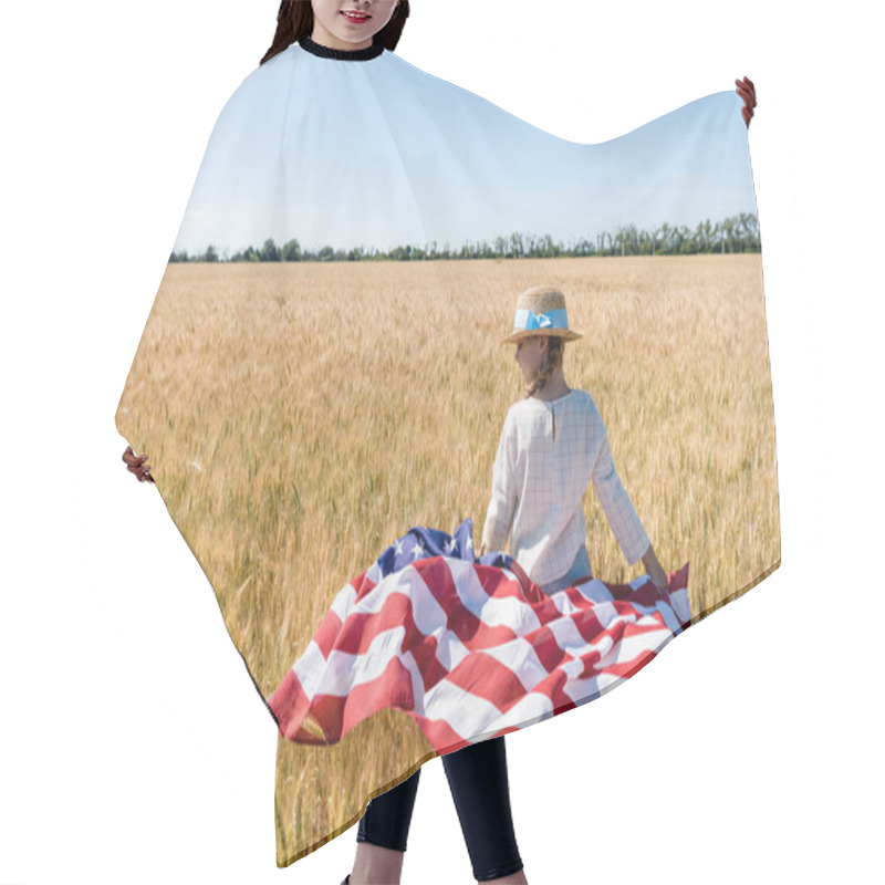 Personality  Cute Child In Straw Hat Holding American Flag In Golden Field With Wheat  Hair Cutting Cape