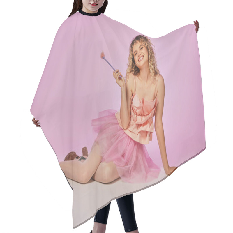 Personality  Dreamy Beautiful Woman In Pink Tooth Fairy Costume Holding Magic Wand And Sitting On Floor Hair Cutting Cape