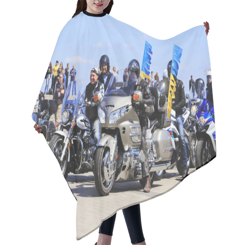 Personality  Dnipro, Ukraine, 28 04, 2018. Motorcyclists On Beautiful Expensive Motorcycles With A Yellow- Blue Pennant, Open The Motorcycle Season In Dnepropetrovsk. Ukrainian Flag,spring, Summer Hair Cutting Cape