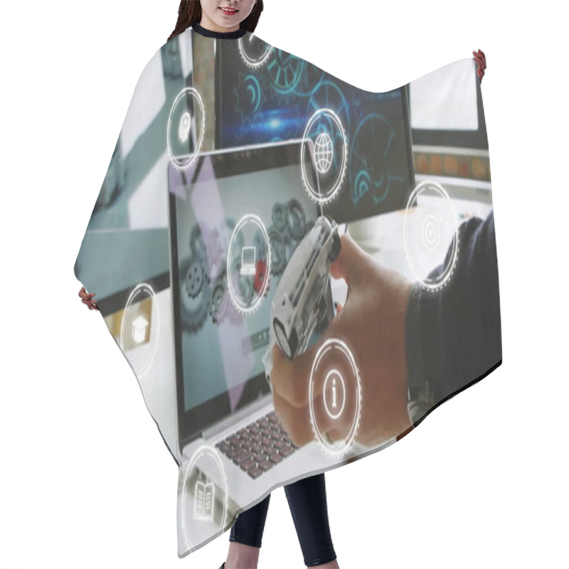 Personality  Image Of Icons Over Caucasian Businessman Holding Car Model And Using Laptop In Office. Global Business, Office, Computing And Digital Interface Concept Digitally Generated Image. Hair Cutting Cape