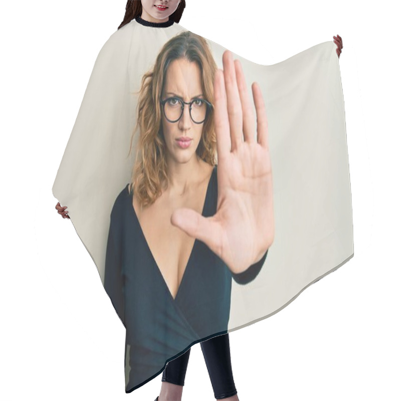 Personality  Young Caucasian Woman Wearing Business Shirt And Glasses Doing Stop Sing With Palm Of The Hand. Warning Expression With Negative And Serious Gesture On The Face.  Hair Cutting Cape