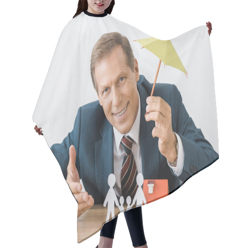 Personality  Businessman Holding Umbrella With Paper Cut Family And House Model On Wooden Table Hair Cutting Cape