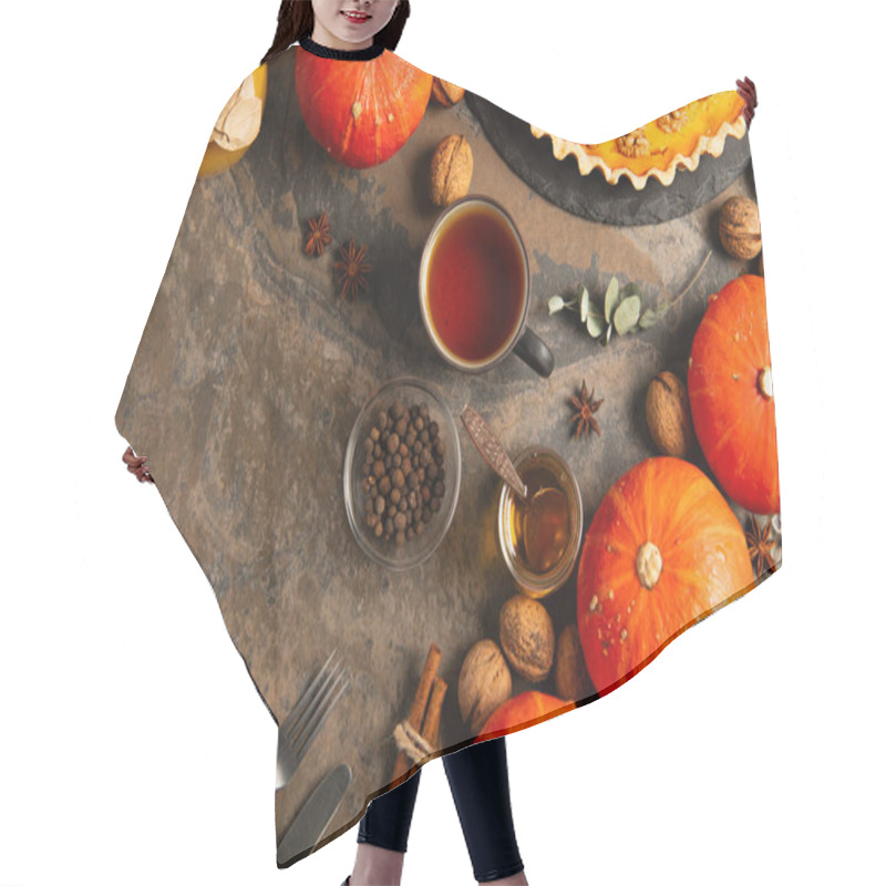 Personality  Colorful Thanksgiving Setting With Ripe Gourds And Pumpkin Pie Near Tea, Honey And Seasonal Objects Hair Cutting Cape