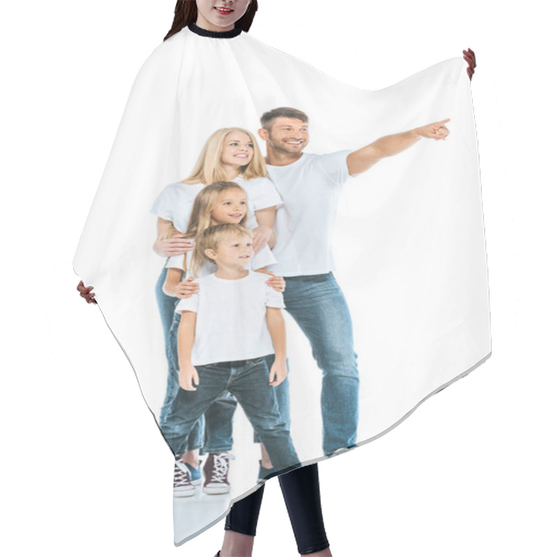 Personality  Happy Man Pointing With Finger Near Kids And Wife On White  Hair Cutting Cape