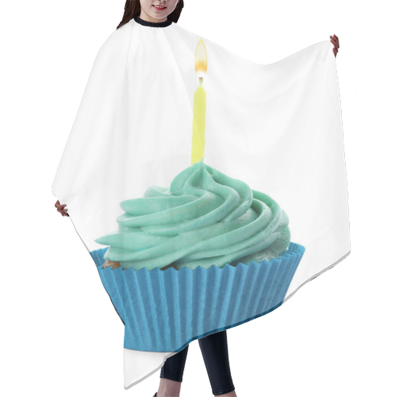 Personality  Delicious Birthday Cupcake With Candle And Light Blue Cream Isol Hair Cutting Cape