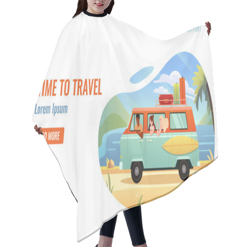 Personality  Time To Travel. Summer Vacation Banner Flat Design. Happy Young People. Exotic Ocean Beach Or Seaside. Vector Illustration.  Hair Cutting Cape