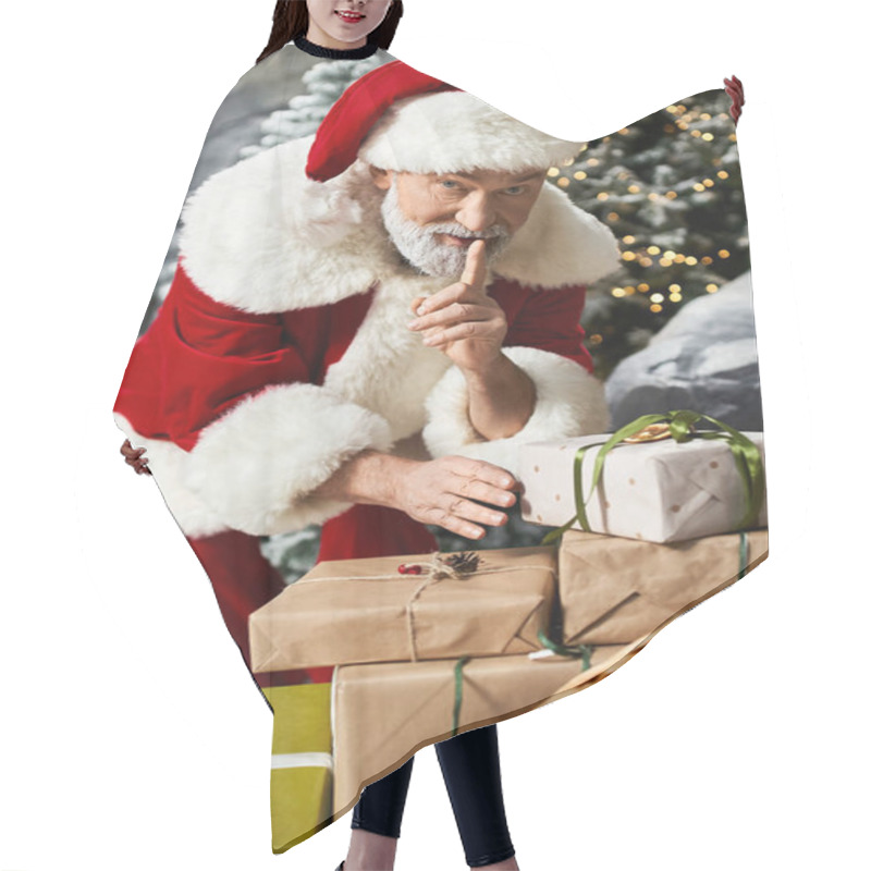 Personality  A Jolly Figure Dressed As Santa Carefully Arranges Beautifully Wrapped Gifts In A Snowy Landscape. Hair Cutting Cape