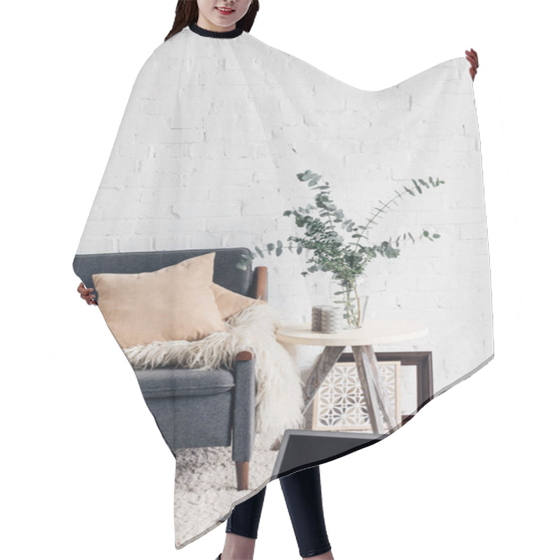 Personality  Laptop On Floor Of White Living Room Interior With Cozy Couch, Mockup Concept Hair Cutting Cape