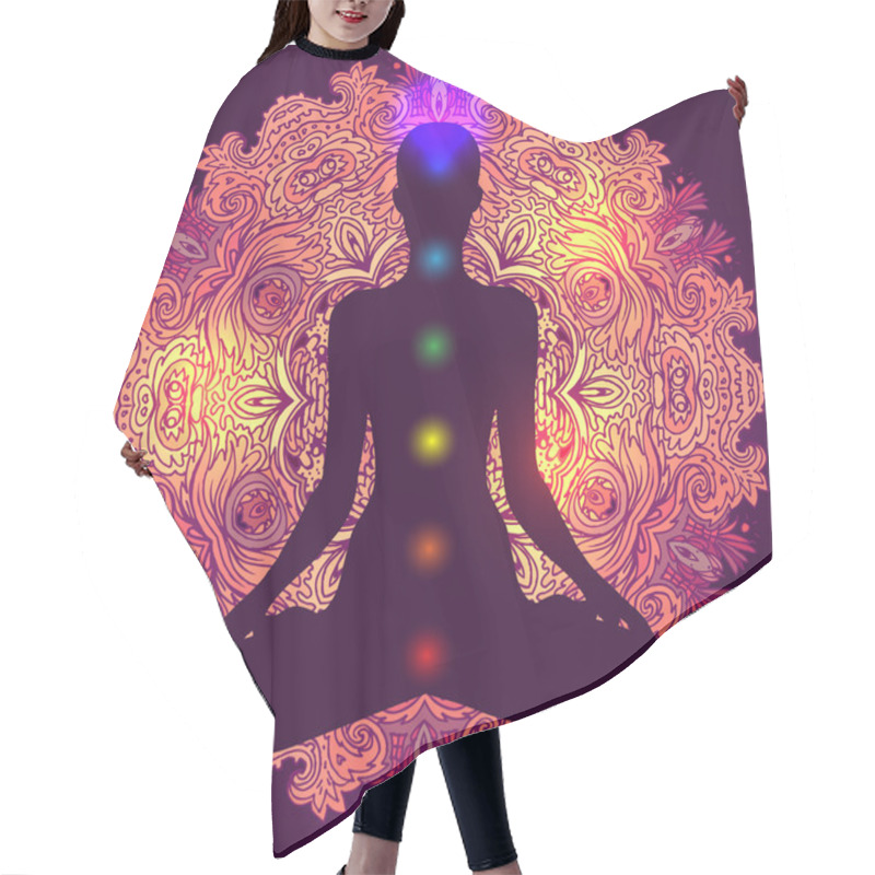 Personality  Woman Silhouette Sitting In Lotus Pose. Hair Cutting Cape