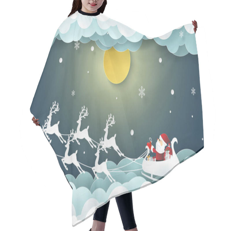 Personality  Paper Art, Craft Style Of Santa Claus On Chimney With Full Moon And Snowing, Going To The Village To Give Children A Gift, Merry Christmas And Happy New Year Hair Cutting Cape